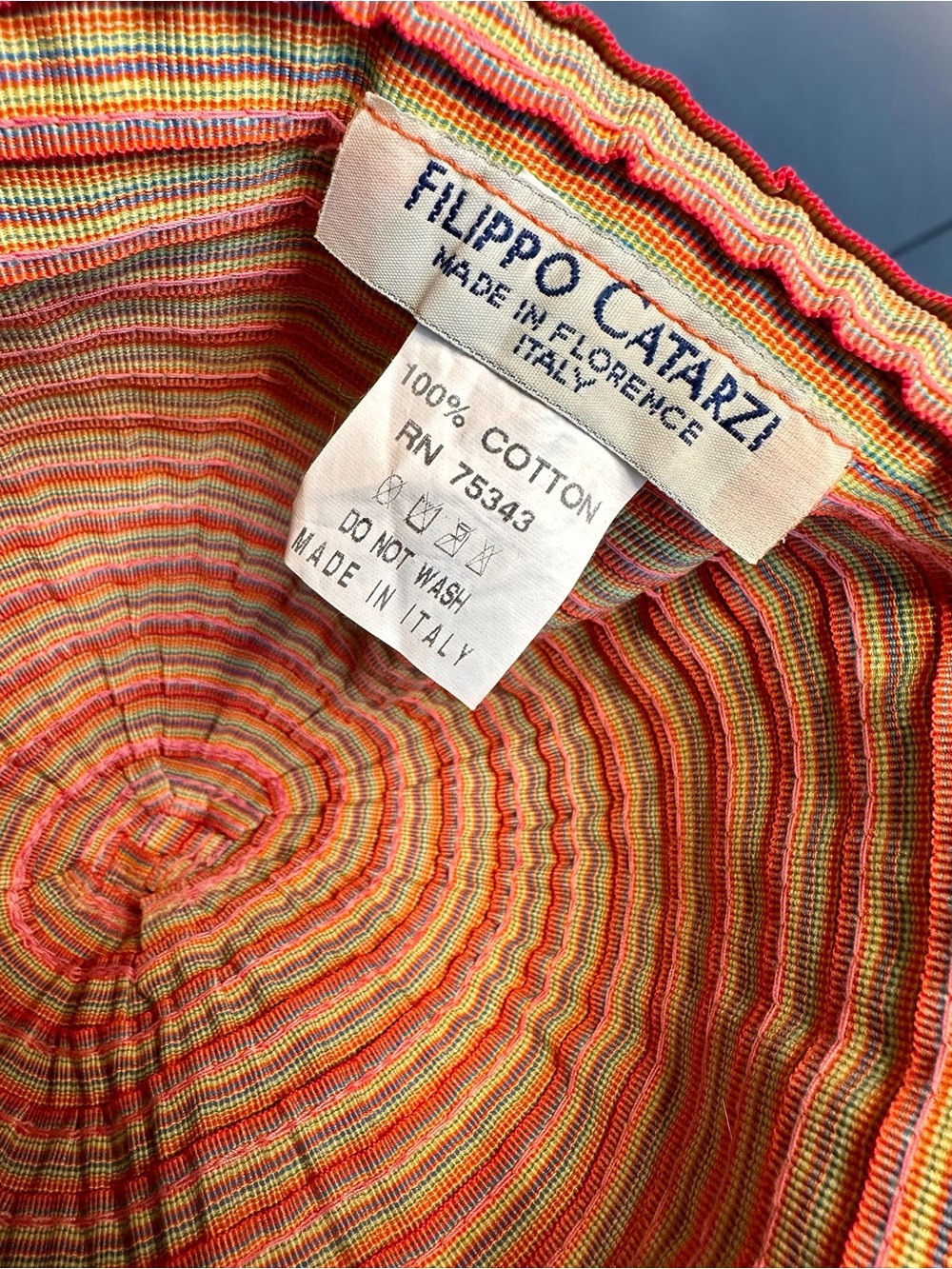 100% Cotton Made in Italy Striped Sun Hat in Yellow, Green, Orange, and Pink - Picture 5 of 5